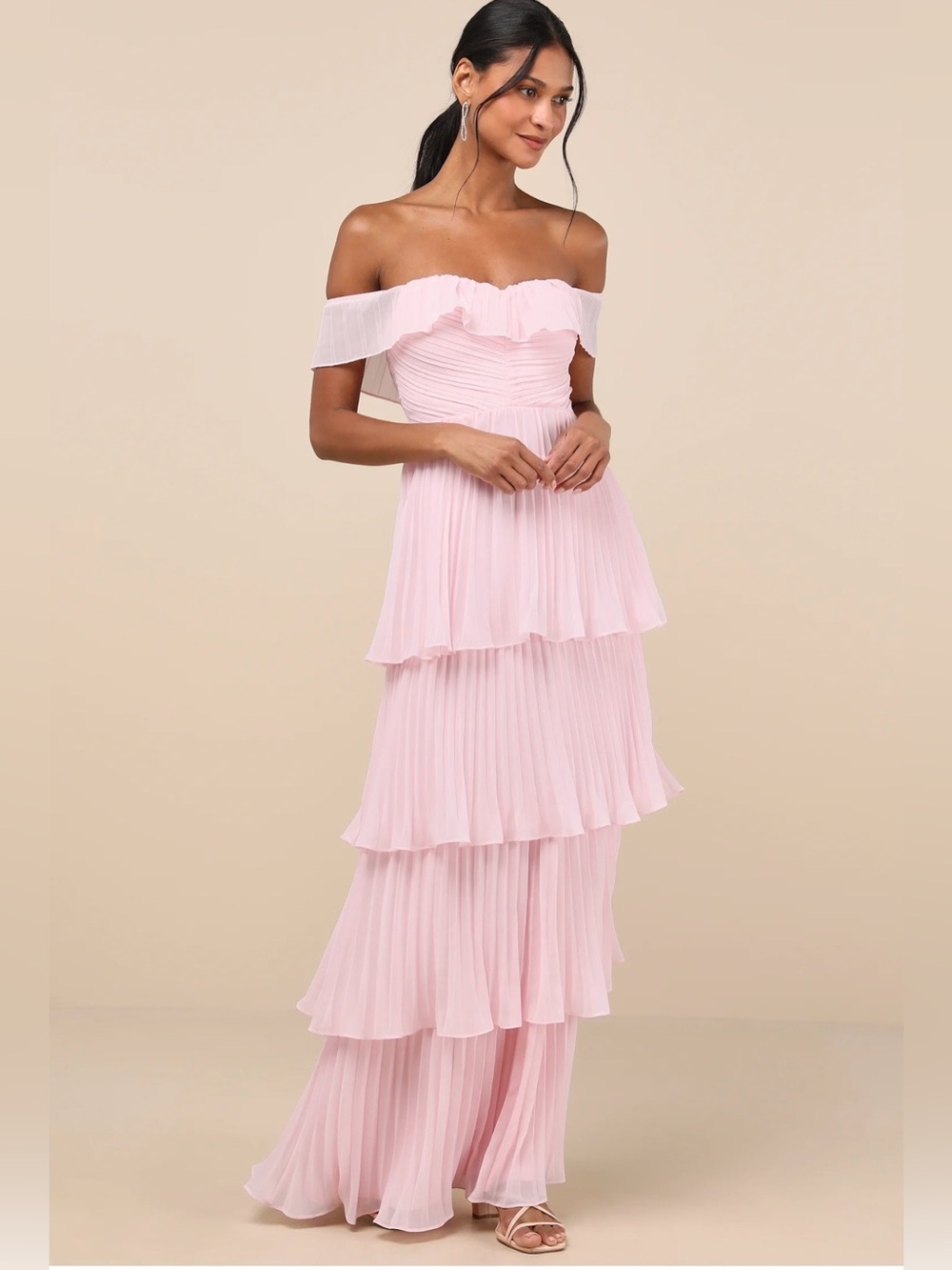 NWT Lulu’s Always Remarkable Pink Pleated Off-Shoulder Tiered Maxi Dress Size L - Picture 1 of 6